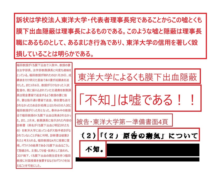 東洋大学準備書面くも膜下出血「不知」記載
